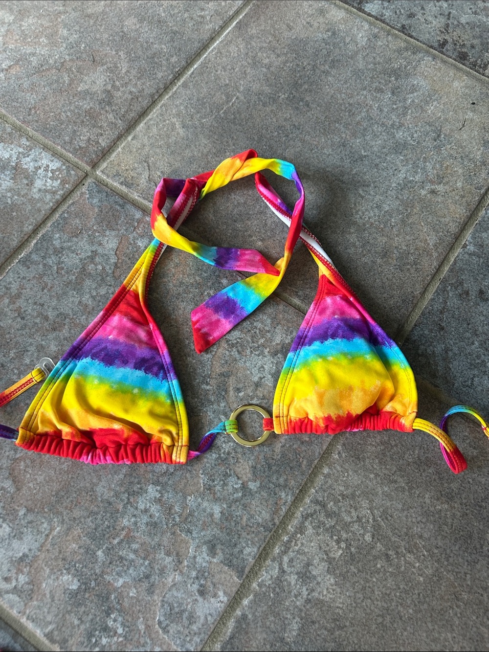 Rainbow Tie-Dye Halter Bikini Top with Gold Ring Accent